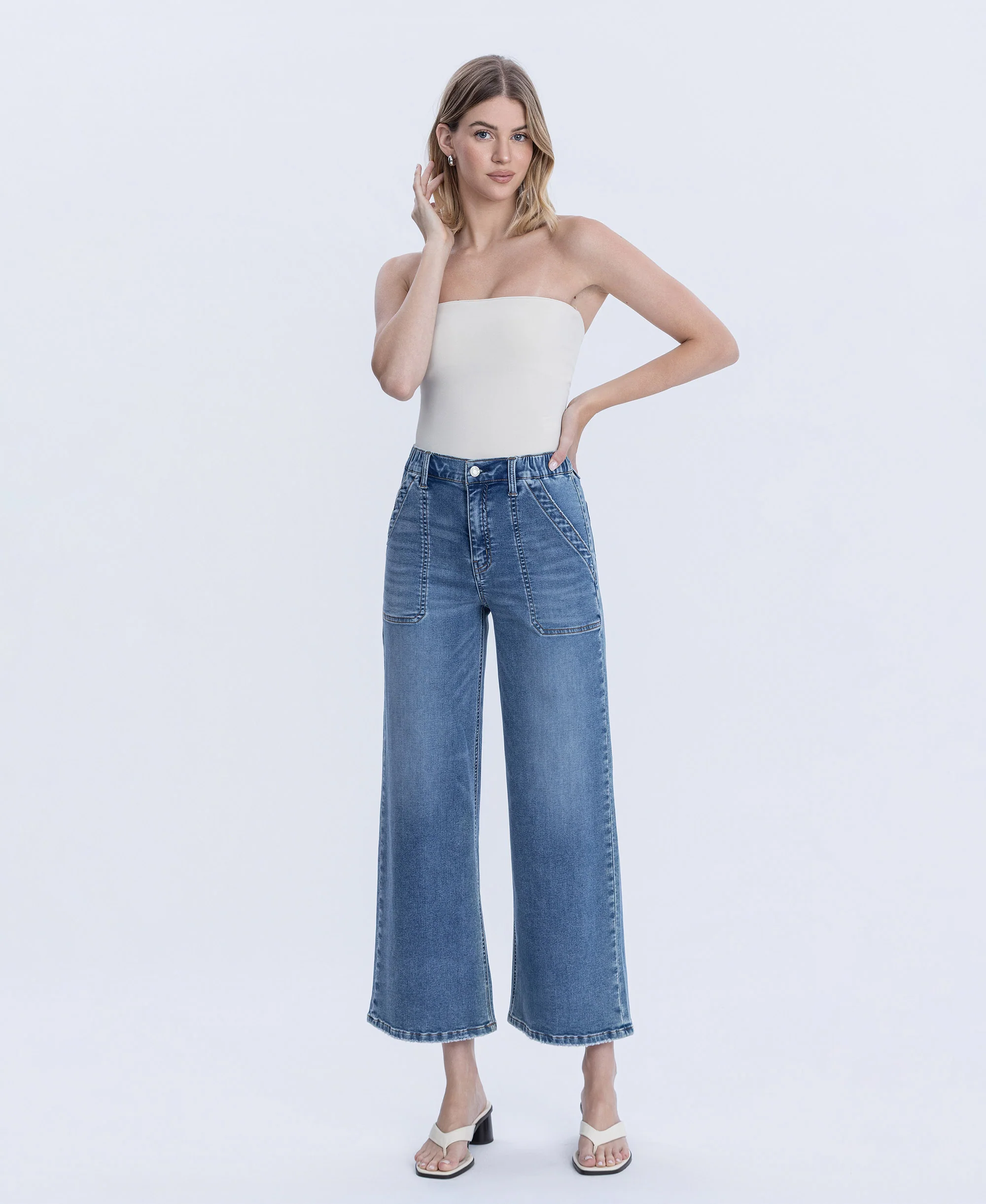 Serendipity Light - High Rise Elastic Waistband Ankle Baggy Wide Leg Jeans - Image 4
