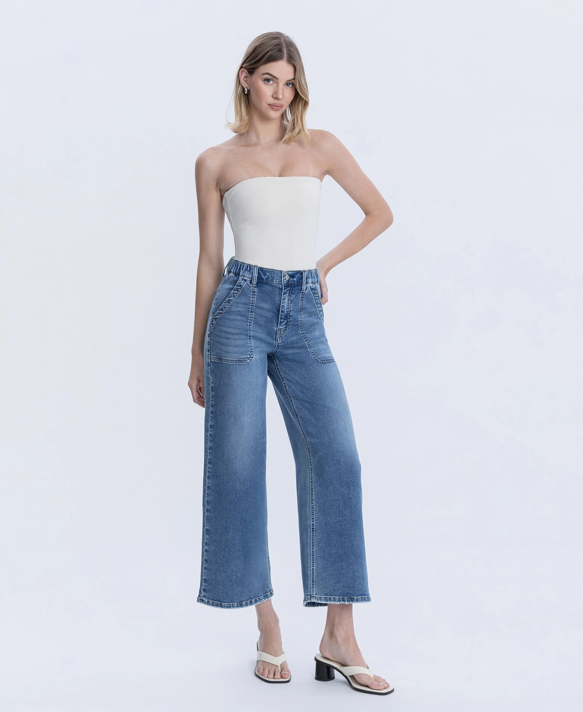 Serendipity Light - High Rise Elastic Waistband Ankle Baggy Wide Leg Jeans - Image 5