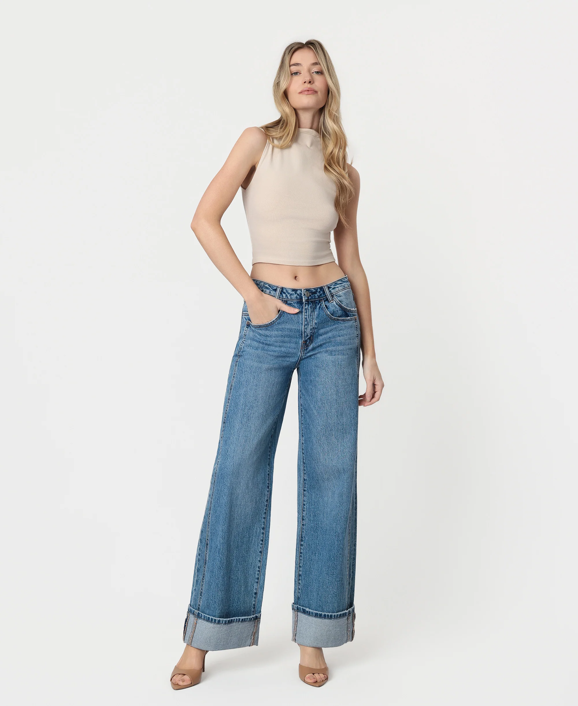 Shine - High Rise Cuffed Panel Baggy Wide Leg Jeans