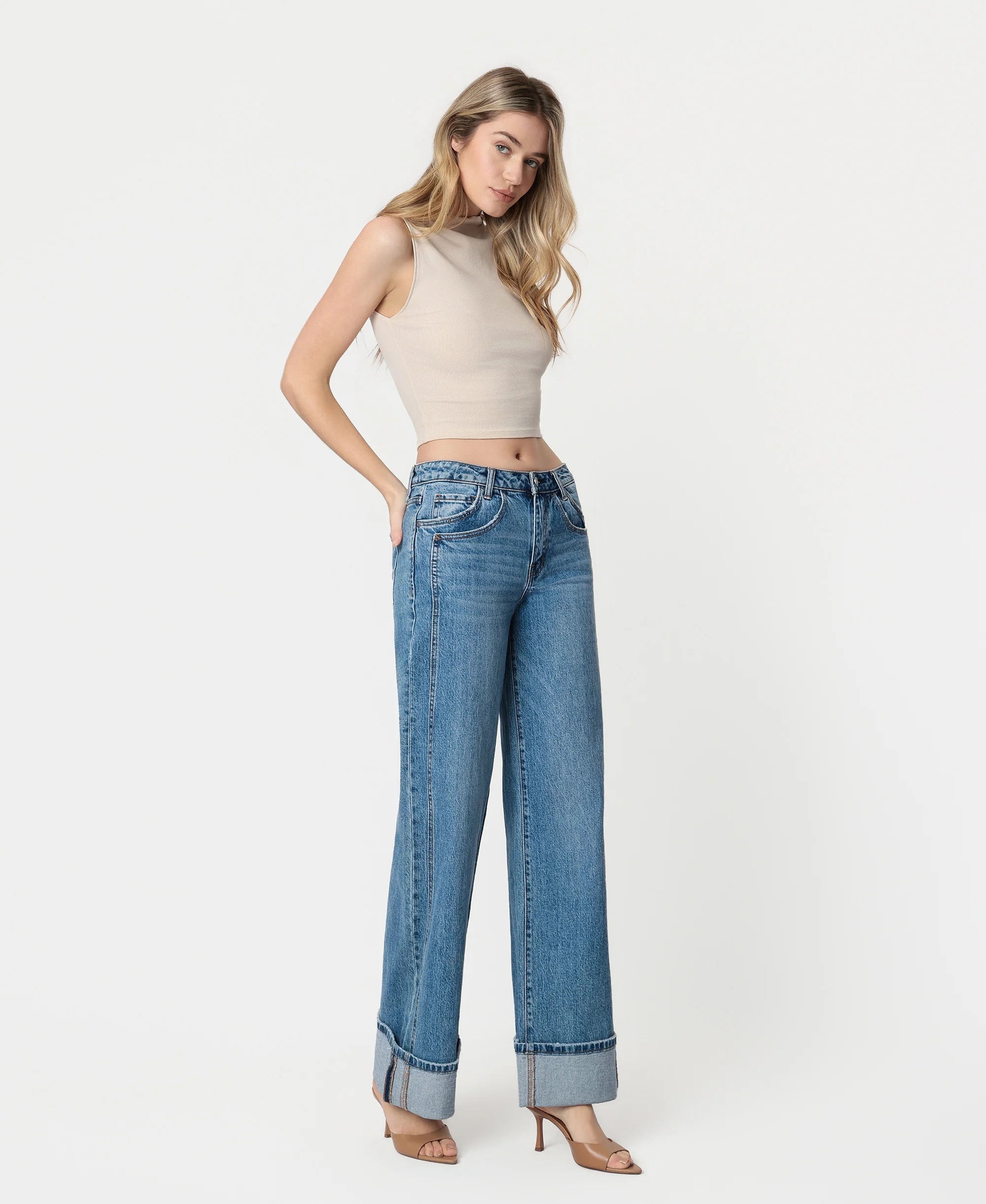 Shine - High Rise Cuffed Panel Baggy Wide Leg Jeans - Image 4