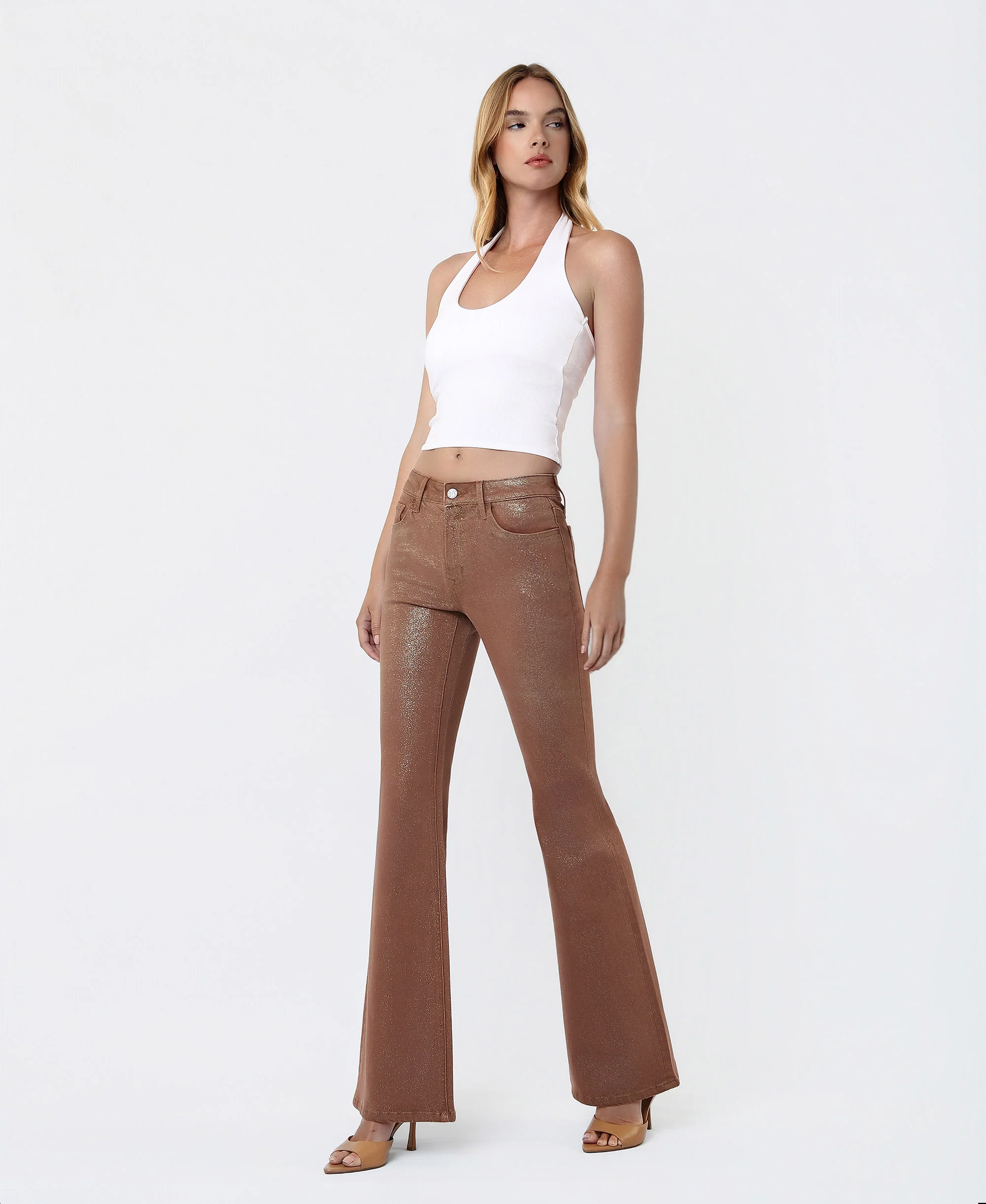 Soft Silt - Mid Rise Gold Glitter Coated Flare Jeans - Image 3