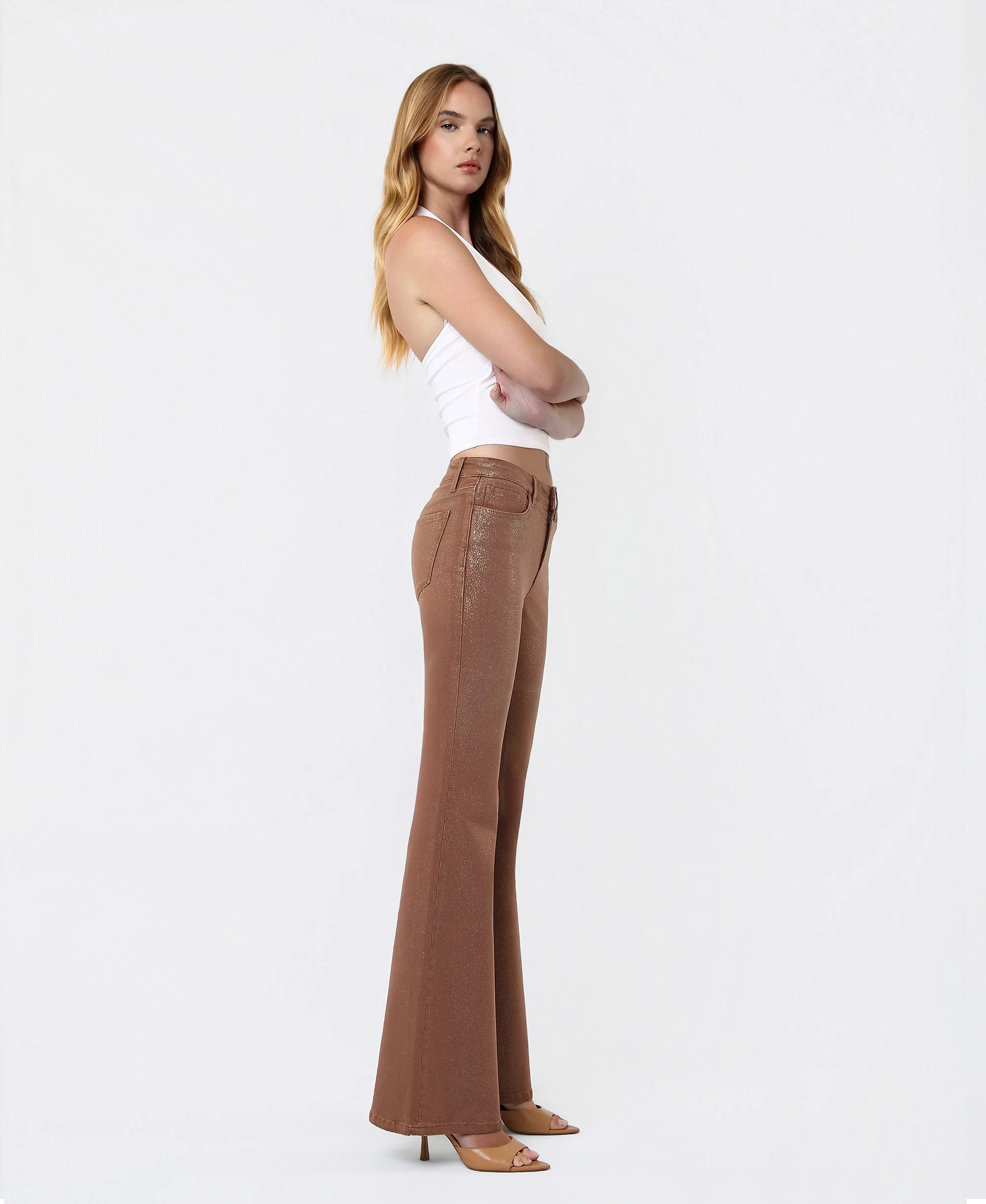 Soft Silt - Mid Rise Gold Glitter Coated Flare Jeans - Image 4