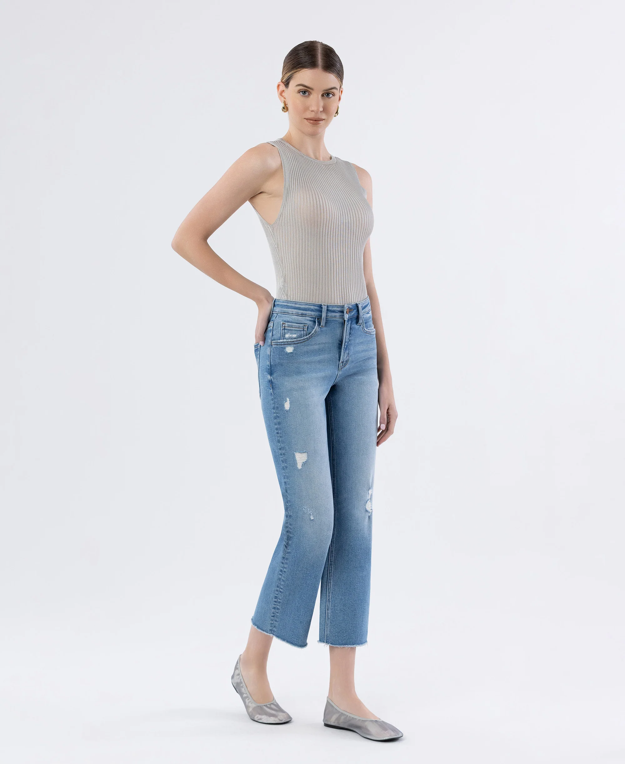 Softy - High Rise Raw Hem Crop Straight Jeans - Image 4