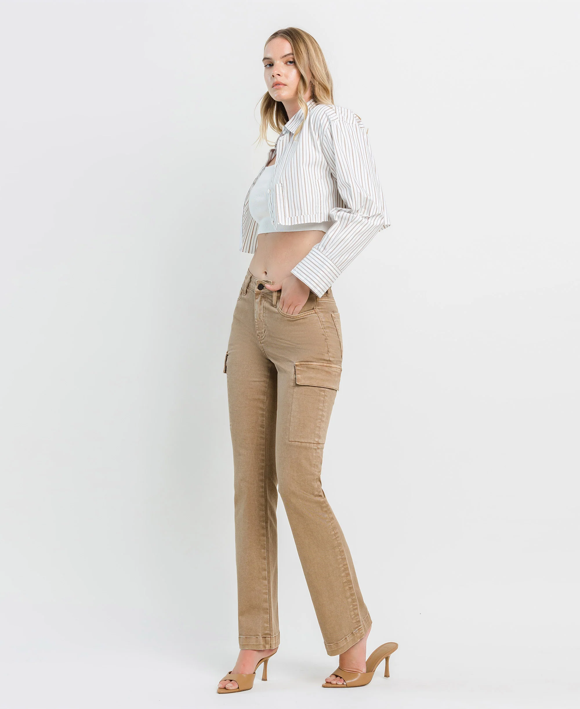 Stone - High Rise Relaxed Bootcut Cargo Jeans - Image 3