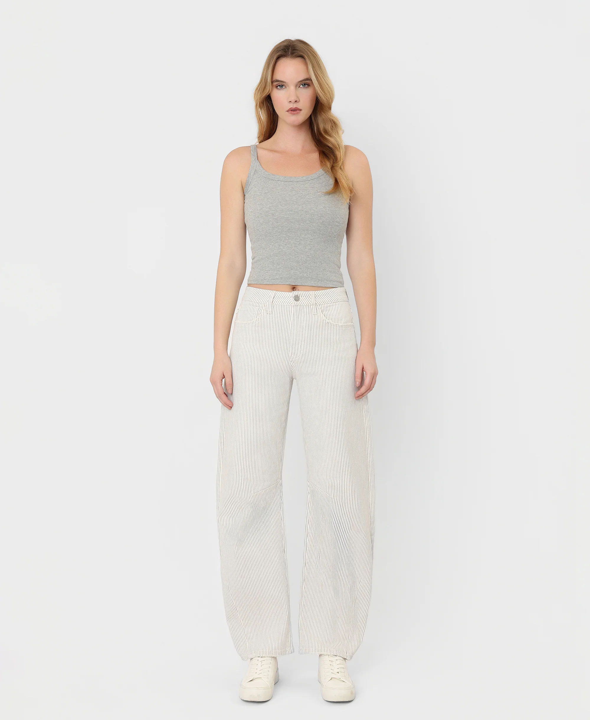 Stripe - High Rise Dart Detail Striped Crop Barrel Jeans