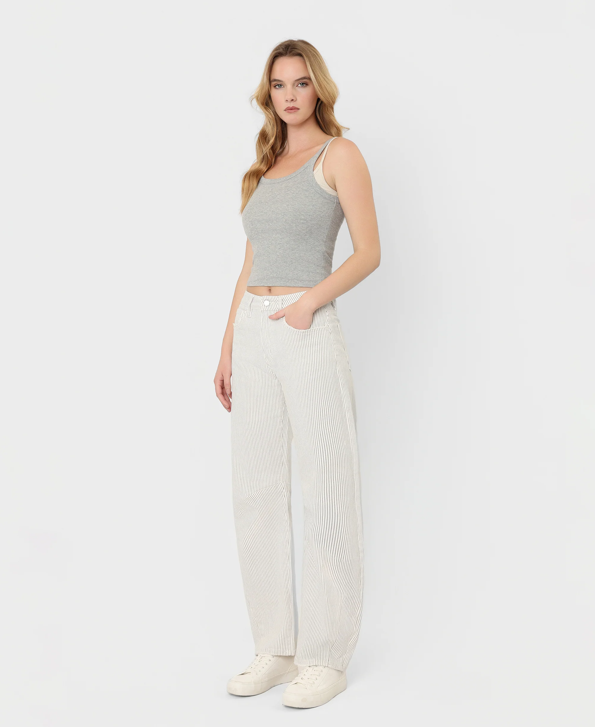 Stripe - High Rise Dart Detail Striped Crop Barrel Jeans - Image 3