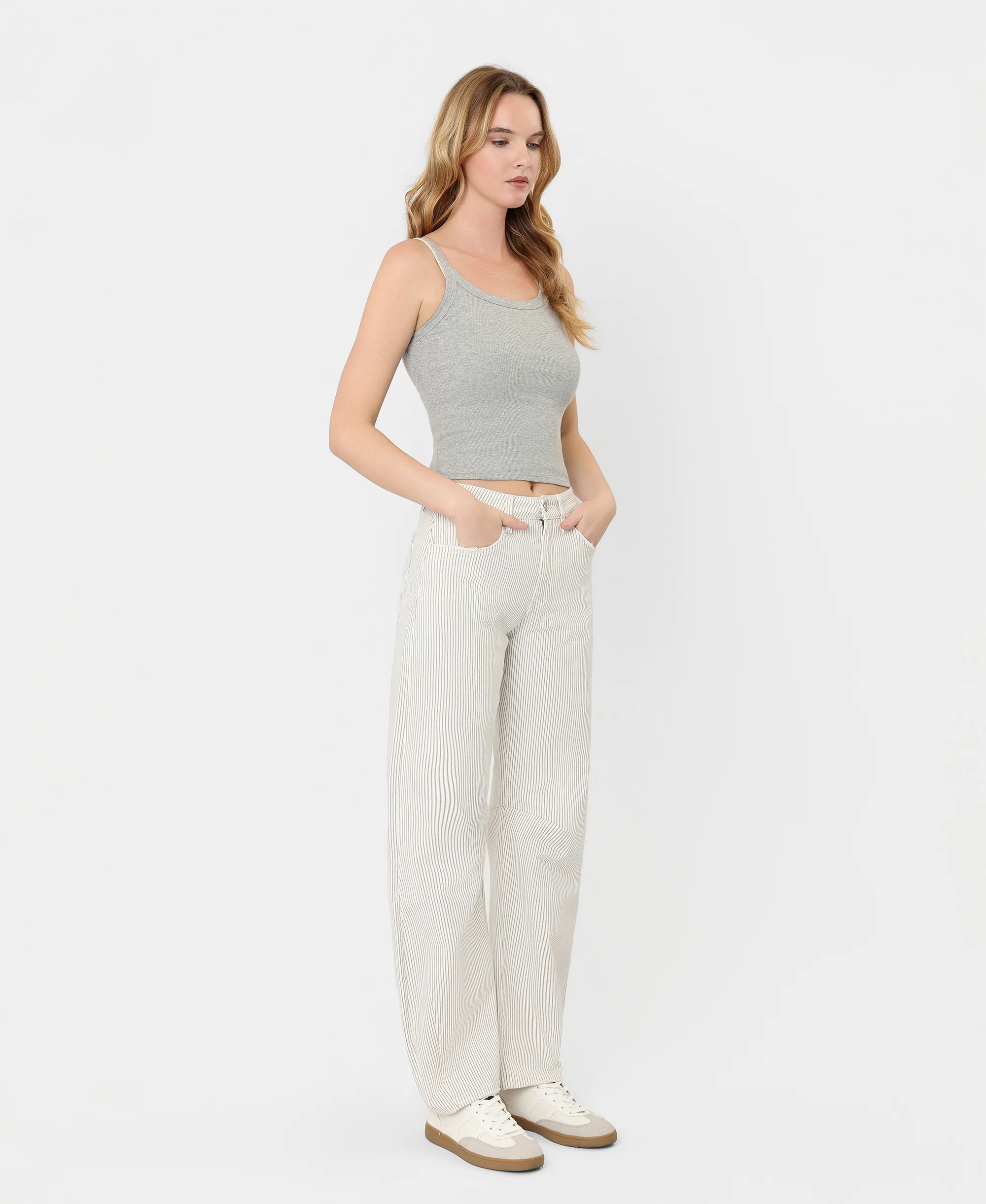 Stripe - High Rise Dart Detail Striped Crop Barrel Jeans - Image 4