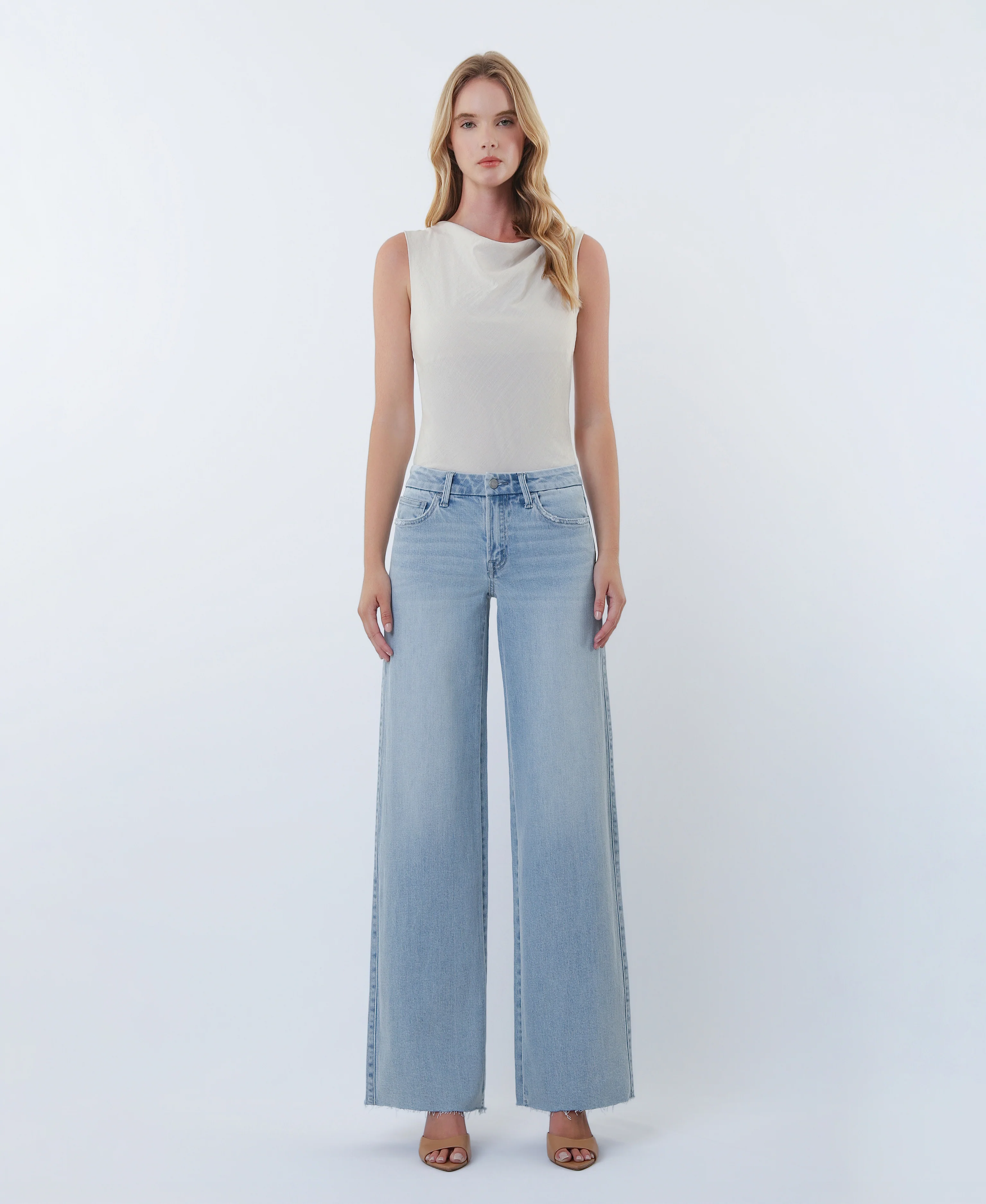 Super Light - Mid Rise Clean Cut Raw Hem Wide Leg Jeans