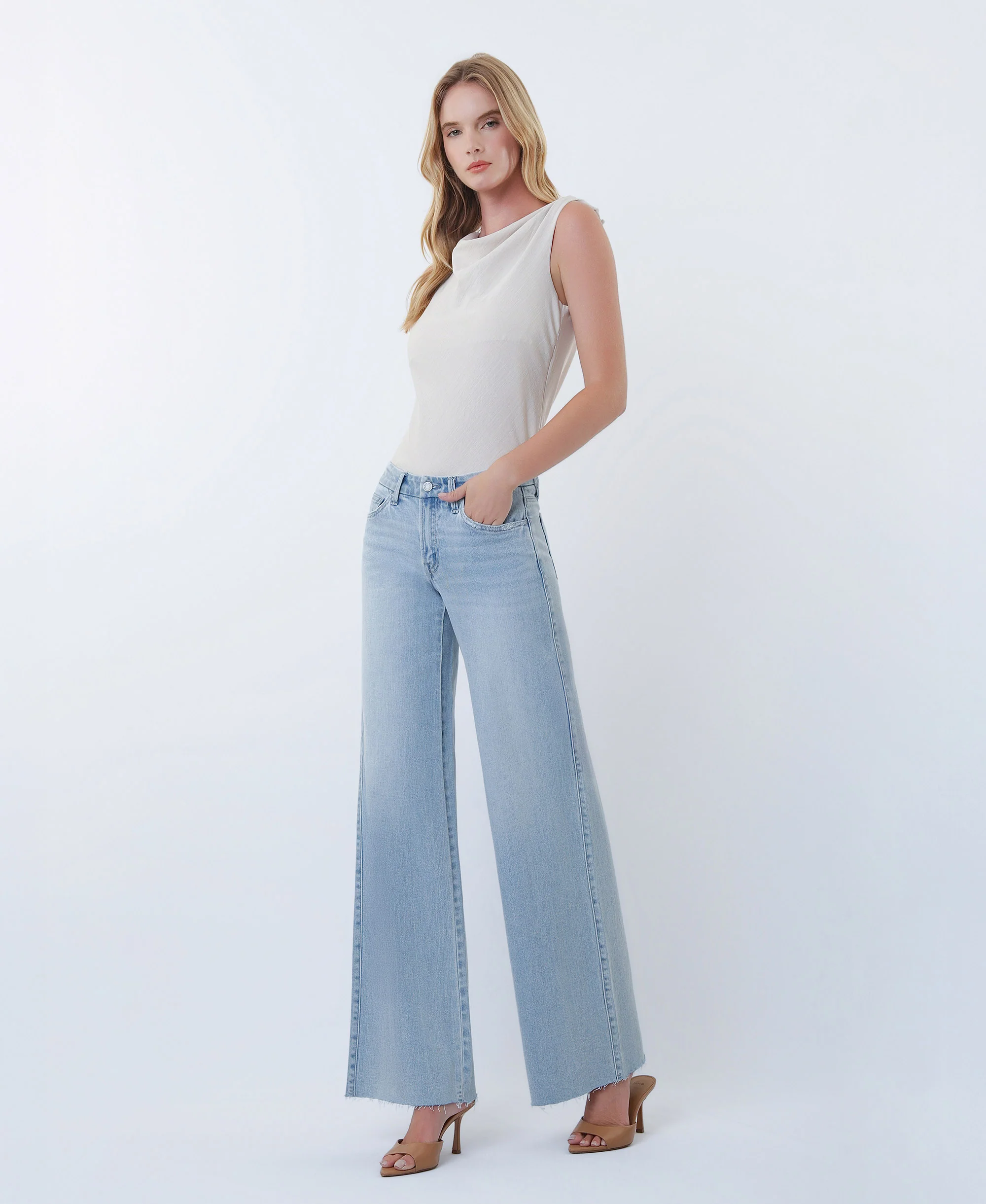 Super Light - Mid Rise Clean Cut Raw Hem Wide Leg Jeans - Image 3