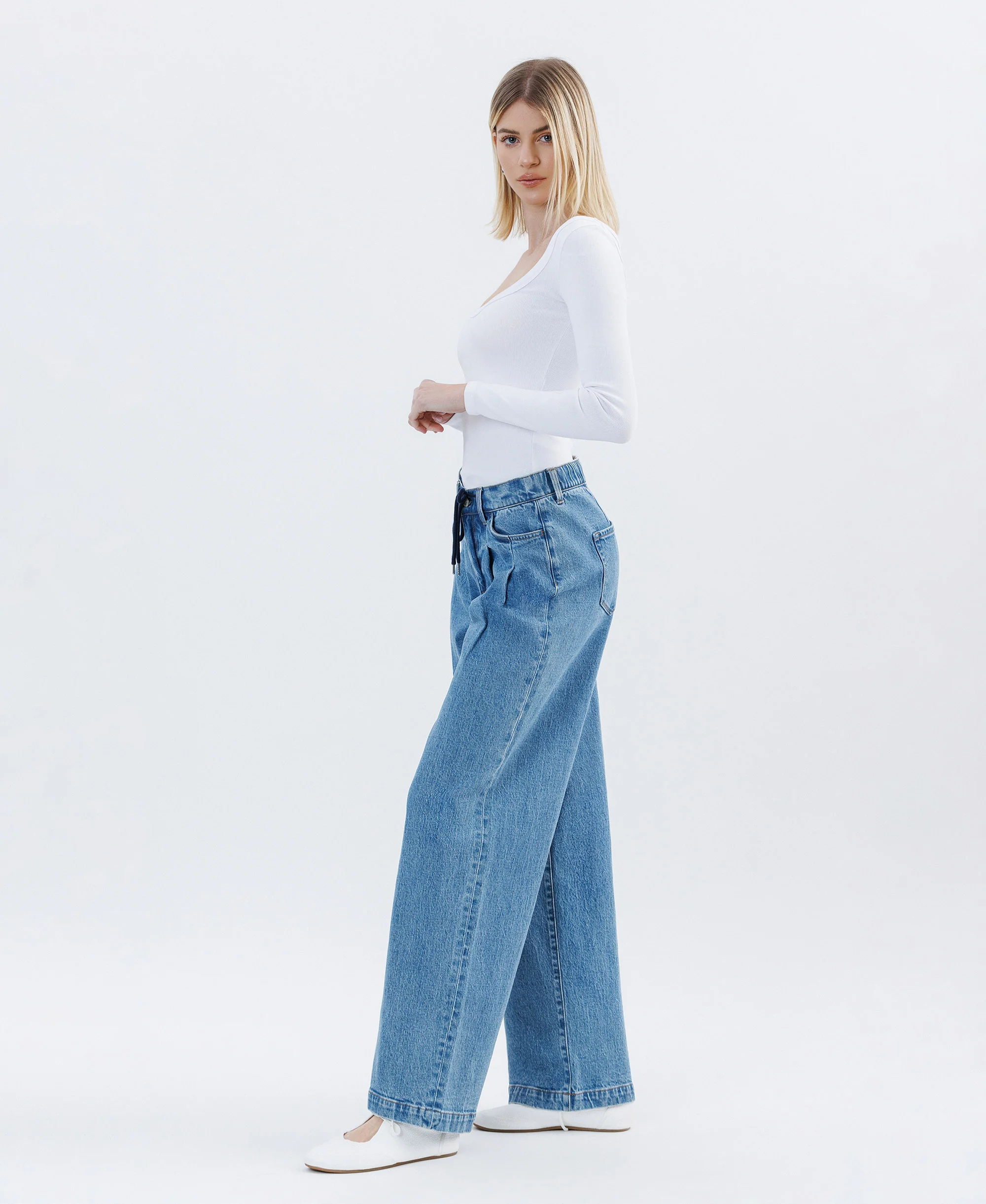 Unabashed - Super High Rise Pleated Drawstring Wide Leg Jeans - Image 3