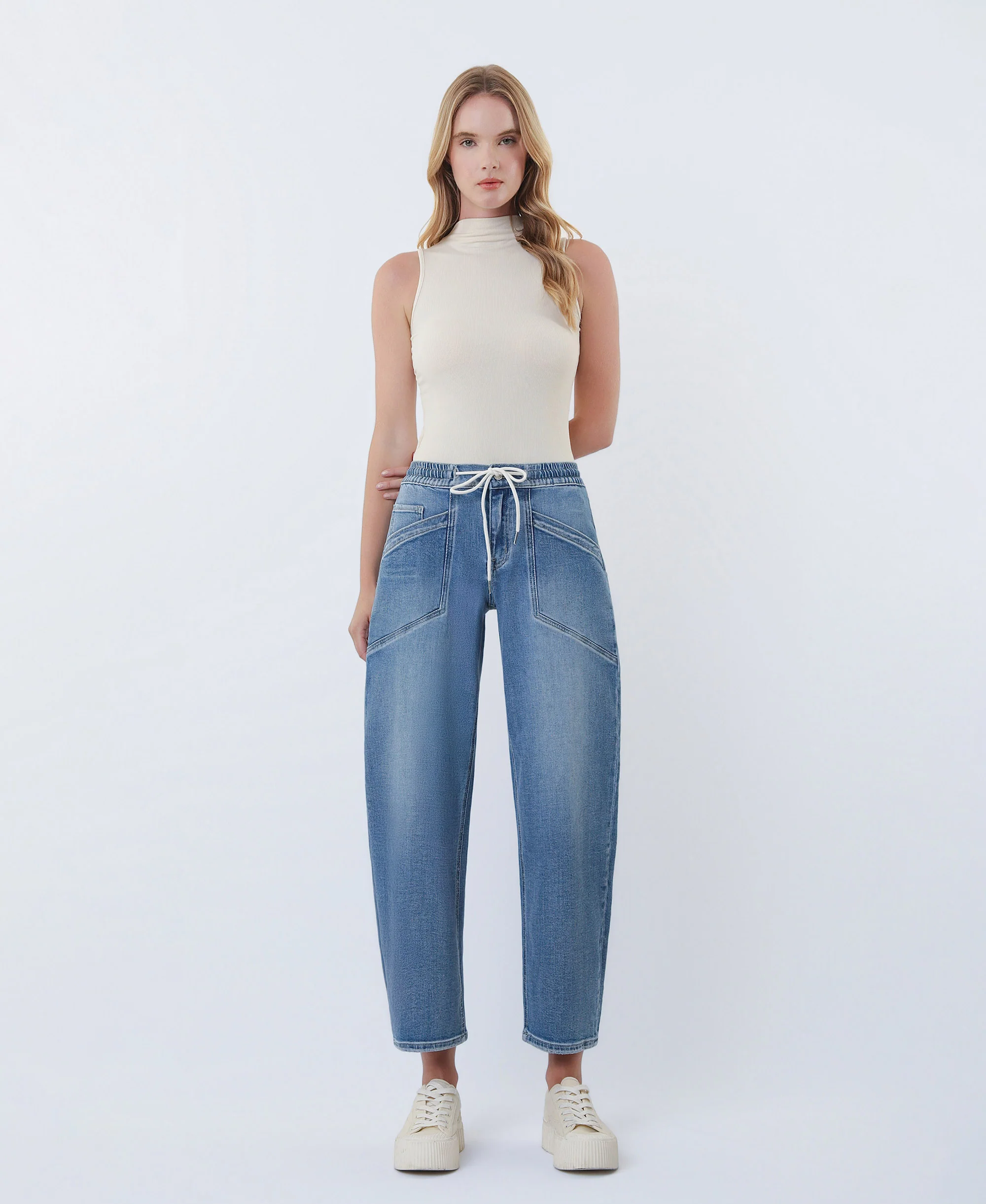 Upstanding - High Rise Elastic Waistband Wide Barrel Jeans