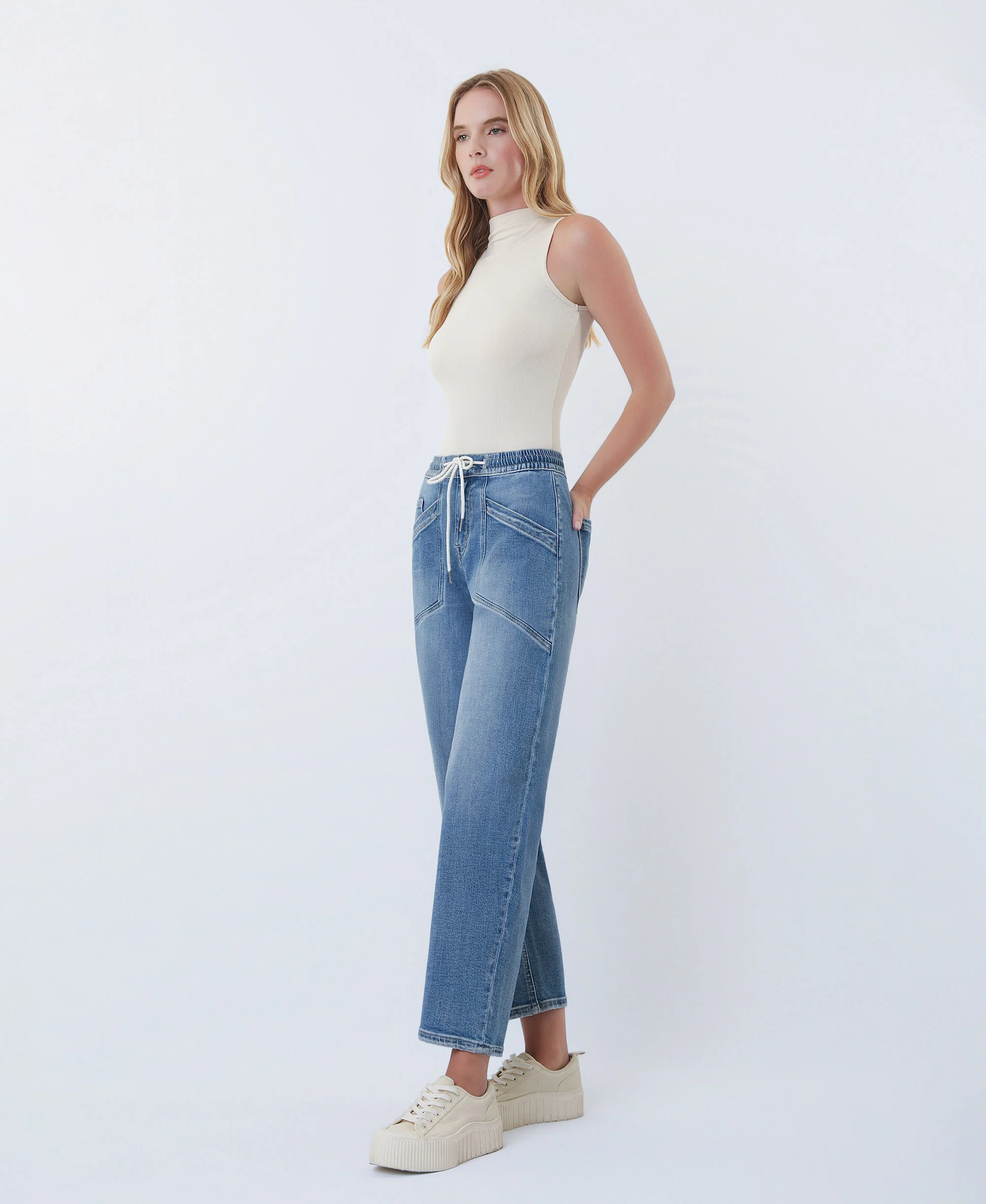 Upstanding - High Rise Elastic Waistband Wide Barrel Jeans - Image 3