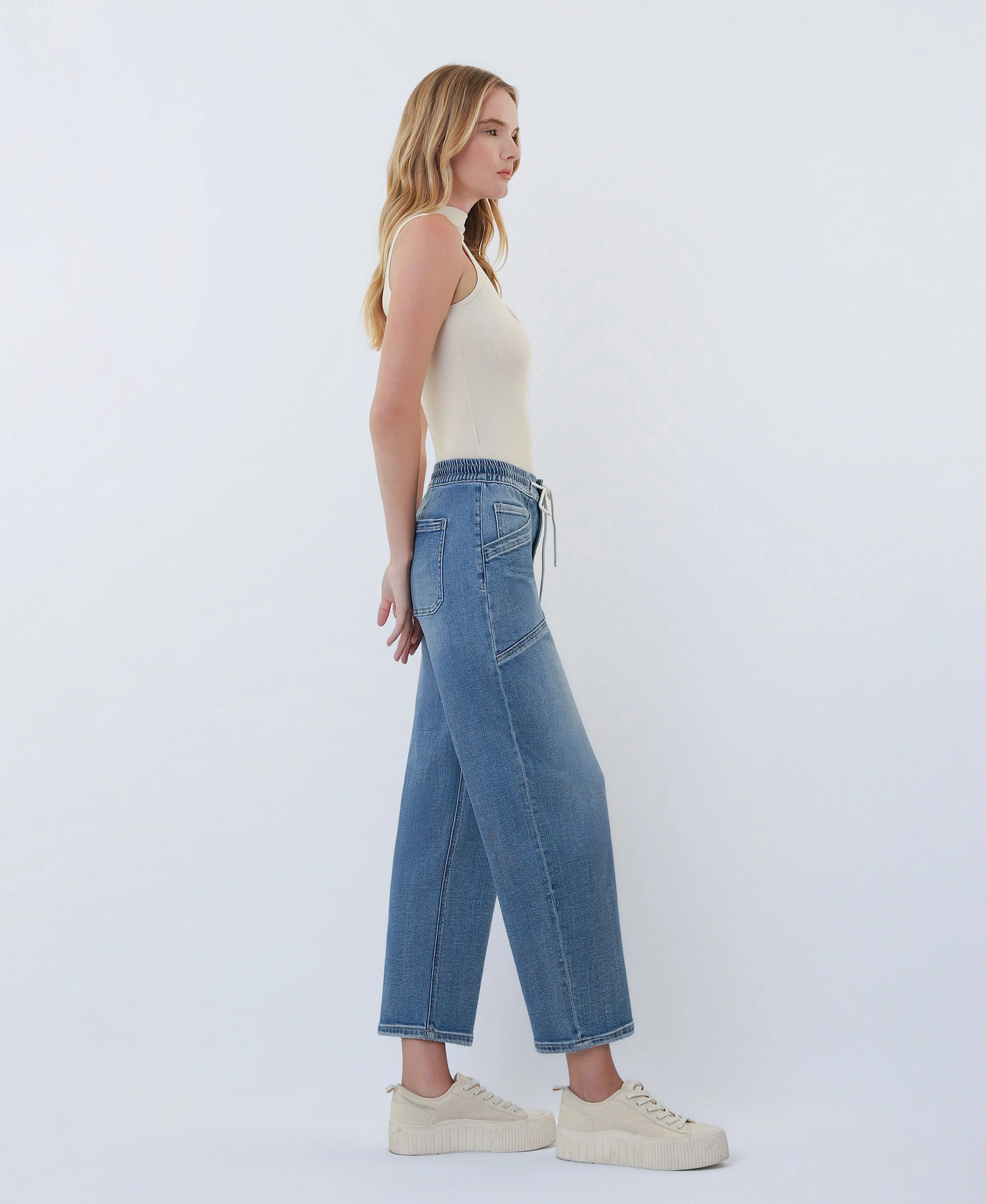 Upstanding - High Rise Elastic Waistband Wide Barrel Jeans - Image 4