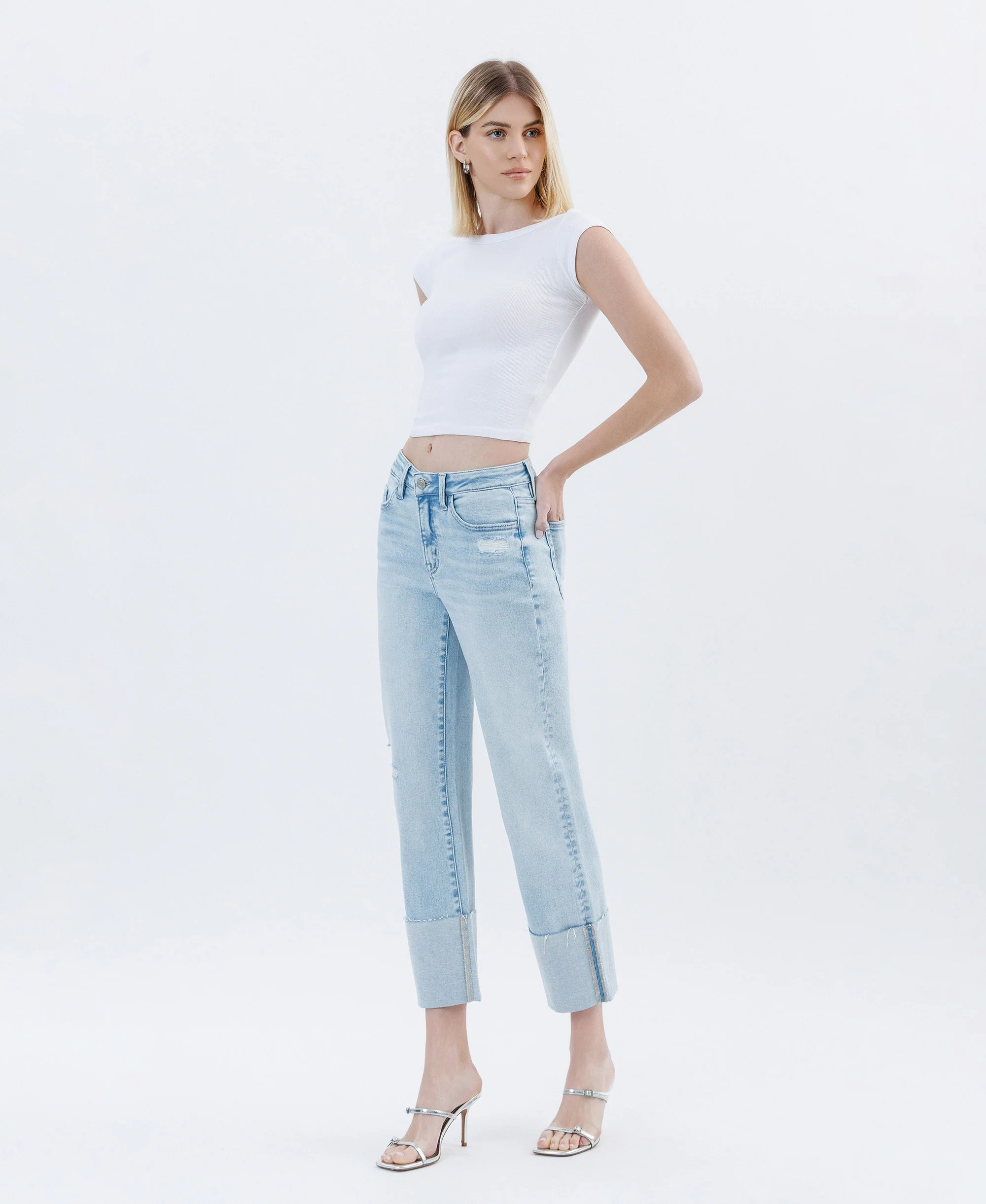 Wowed - High Rise Cuffed Crop  Straight Jeans - Image 3
