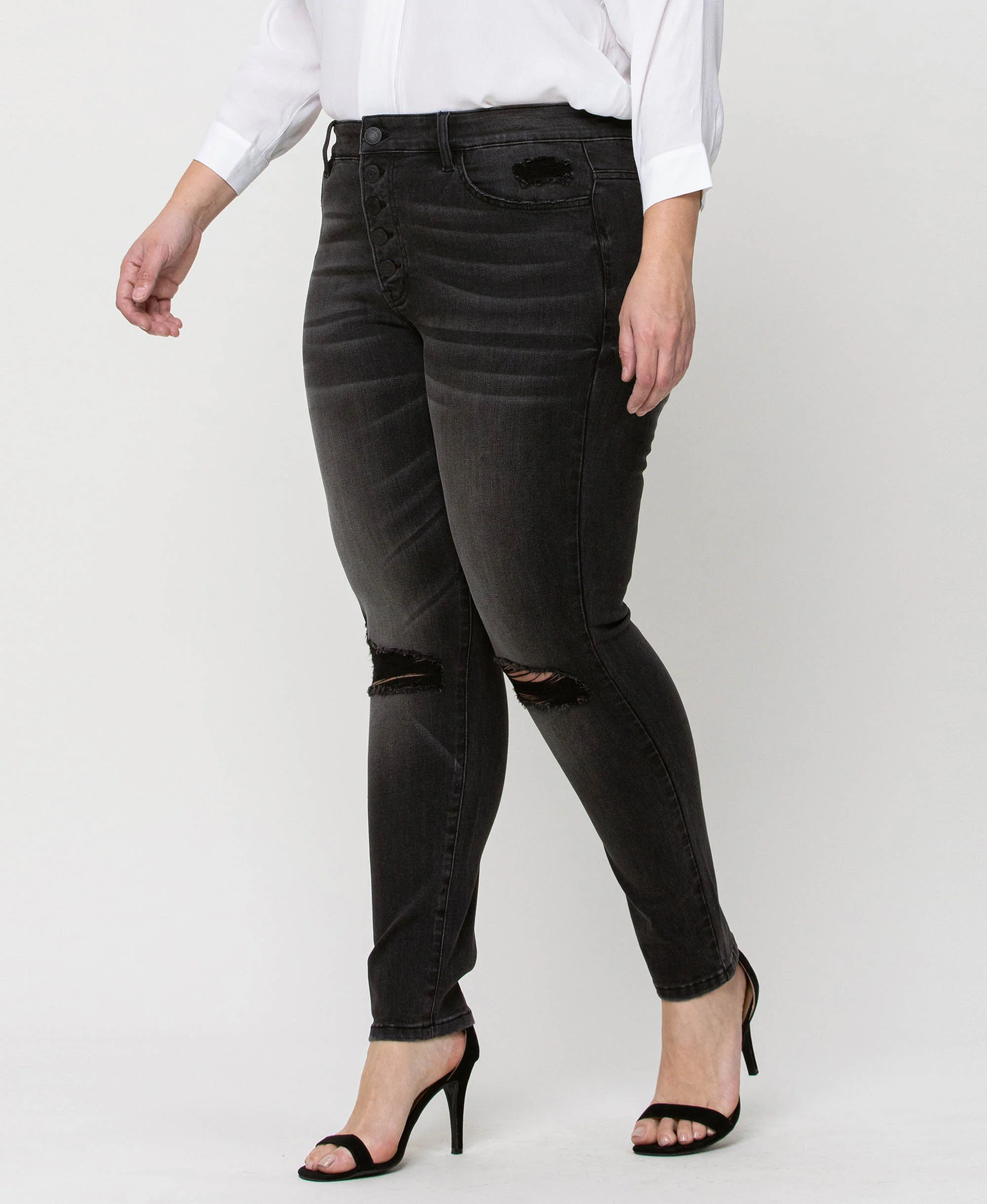 York - Plus High Rise Distressed Button Fly Ankle Skinny Jeans - Image 3