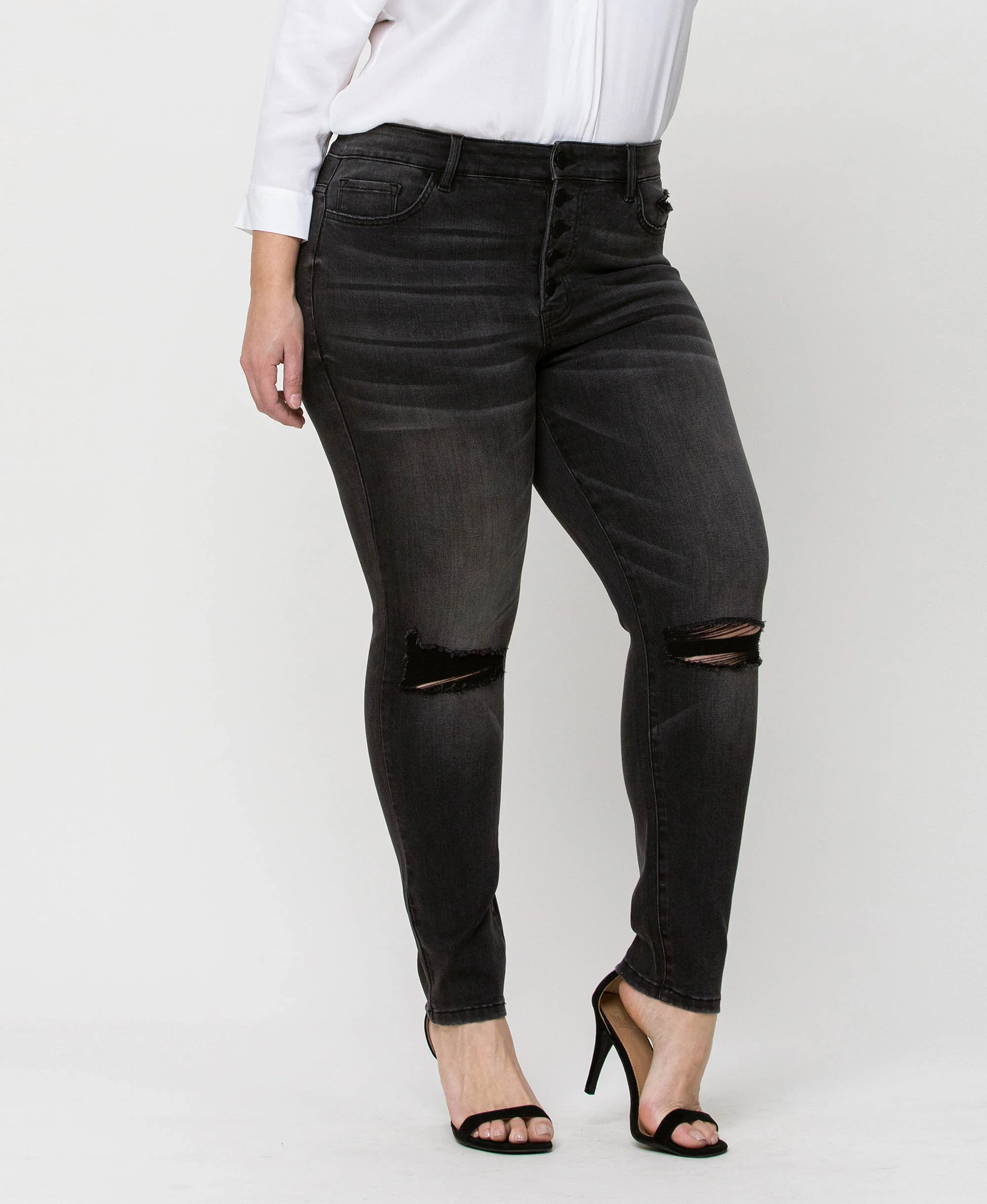 York - Plus High Rise Distressed Button Fly Ankle Skinny Jeans - Image 4